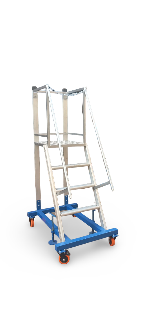 Aluminium Trolley Step Ladder – Wheels & Platform Detail